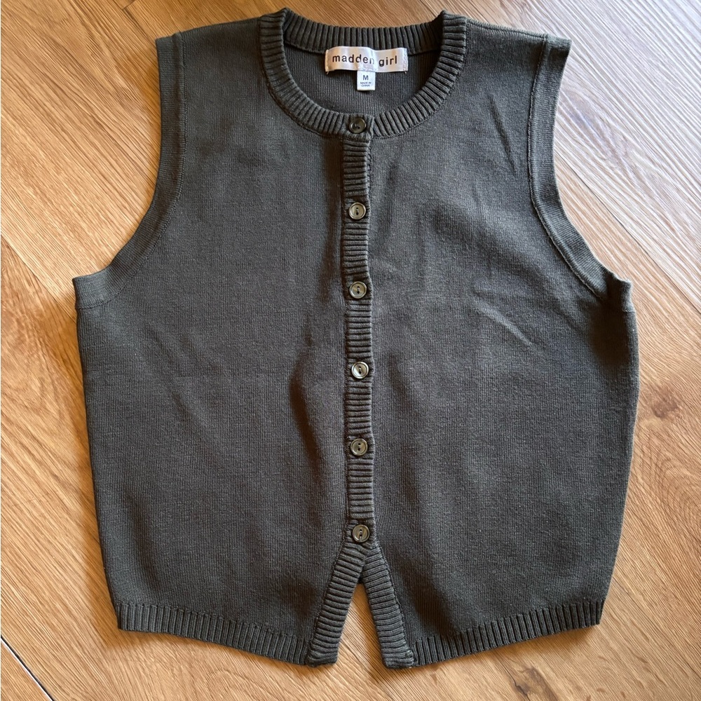 Madden Girl Olive Green Button-Up Sweater Vest